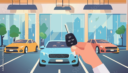 business man hold car key against modern showroom.  Automobile dealership store.  Vector illustration