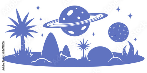Alien planets with strange vegetation and extraterrestrial creatures Silhouette