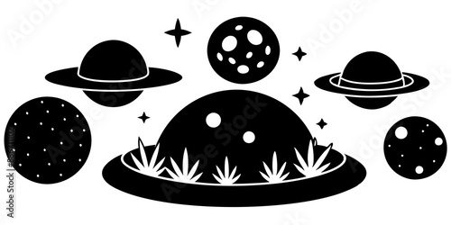 Alien planets with strange vegetation and extraterrestrial creatures Silhouette