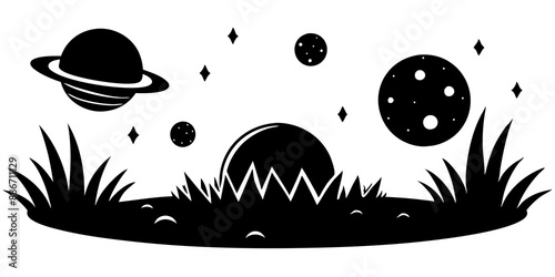 Alien planets with strange vegetation and extraterrestrial creatures Silhouette