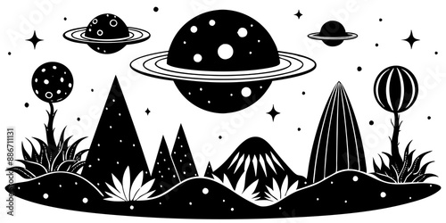 Alien planets with strange vegetation and extraterrestrial creatures Silhouette
