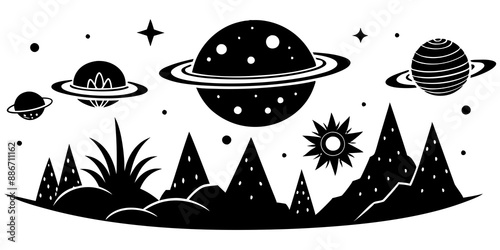 Alien planets with strange vegetation and extraterrestrial creatures Silhouette
