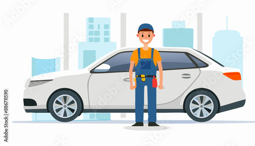 Mechanic in blue overalls stand near white broken car in service vehicles. Vector illustration