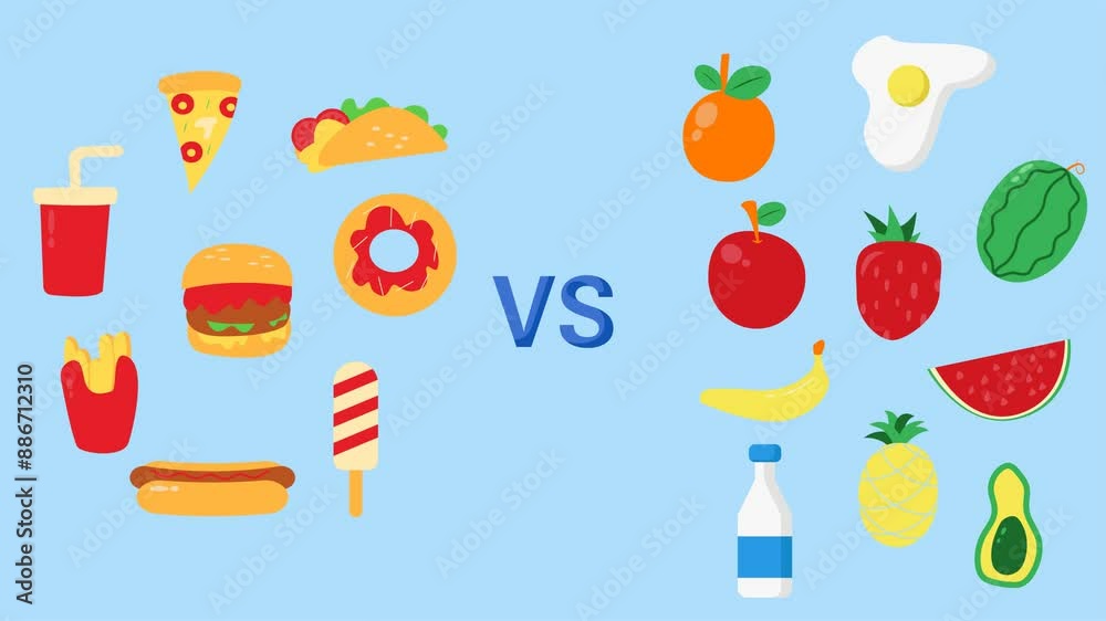 Comparison Junk Food vs Healthy Food 4k Animation is used for presentations, Health videos, food videos and others. Comparison Junk Food vs Healthy Food 4k Animation is used for presentations, Health videos, food videos and others.