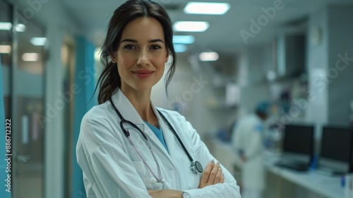 Confident female doctor smiling in a hospital hallway.