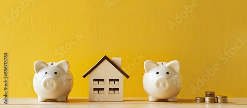 Top view of two white piggy banks beside a small wooden house model on a yellow background with a copy space image representing concepts like accounting saving money real estate investment and bankin photo