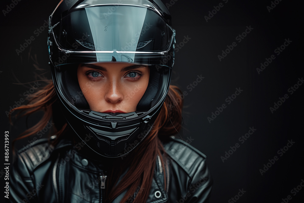 Front view of a woman wearing a black helmet with the visor up and leather jacket on a black background with copy space Front view of a woman wearing a black helmet with the visor up and leather jacket on a black background with copy space