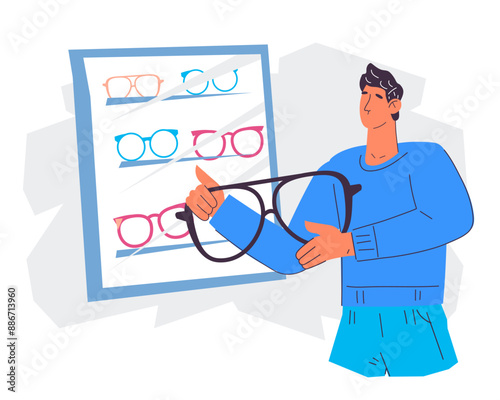 Selection of glasses and ophthalmology. Sale of glasses for vision correction and vision check up, flat vector illustration isolated on white background.