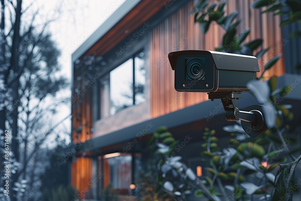 Modern public CCTV camera on blurred private house background Modern public CCTV camera on blurred private house background