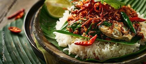 Closeup image of Nasi Liwet a flavorful rice dish cooked with aromatic spices like bay leaves galangal shallots garlic and chili topped with fried anchovies and petai with copy space image photo