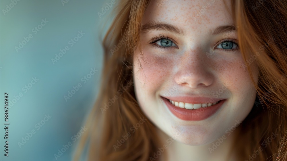 Smiling Teenage Girl with Chestnut Hair and Blue Eyes CloseUp Portrait for Print, Card, Poster Designs Smiling Teenage Girl with Chestnut Hair and Blue Eyes CloseUp Portrait for Print, Card, Poster Designs