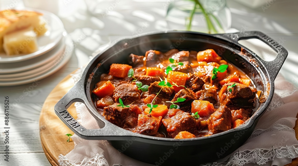 Steaming pot of beef stew with potatoes and carrots. Steaming pot of beef stew with potatoes and carrots.