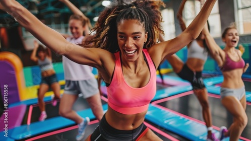 A group of friends participating in a fun and lively trampoline fitness class, bouncing with energy