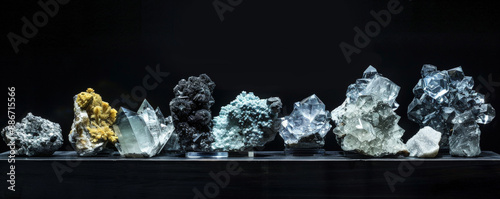 A rare earth mineral display set against a black background, highlighting the bright, reflective surfaces of elements like ytterbium and scandium. The contrast emphasizes their unique properties.