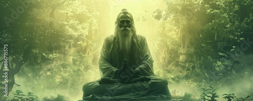 A serene portrayal of the sage Patanjali, the author of the Yoga Sutras, seated in meditation with a calm and wise expression. The background features a tranquil forest setting, symbolizing peace and