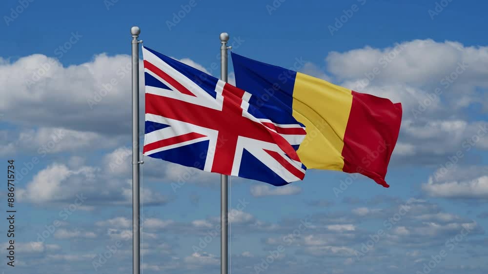 Romania and United Kingdom flags flying together, video concept of the relationship, two country cooperation concept