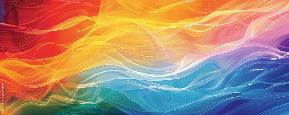 A lively rainbow gradient wave design with energetic, swirling lines and a rich, vibrant blend of