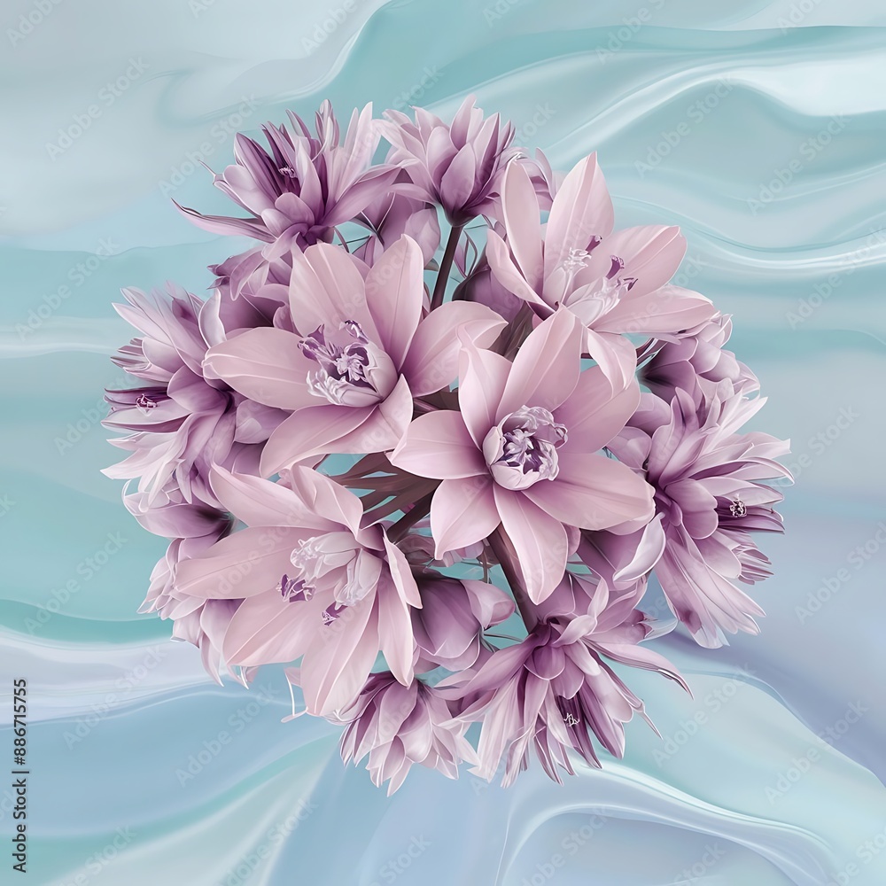 Obraz premium Pink and purple columbine flowers on pastel blue background
