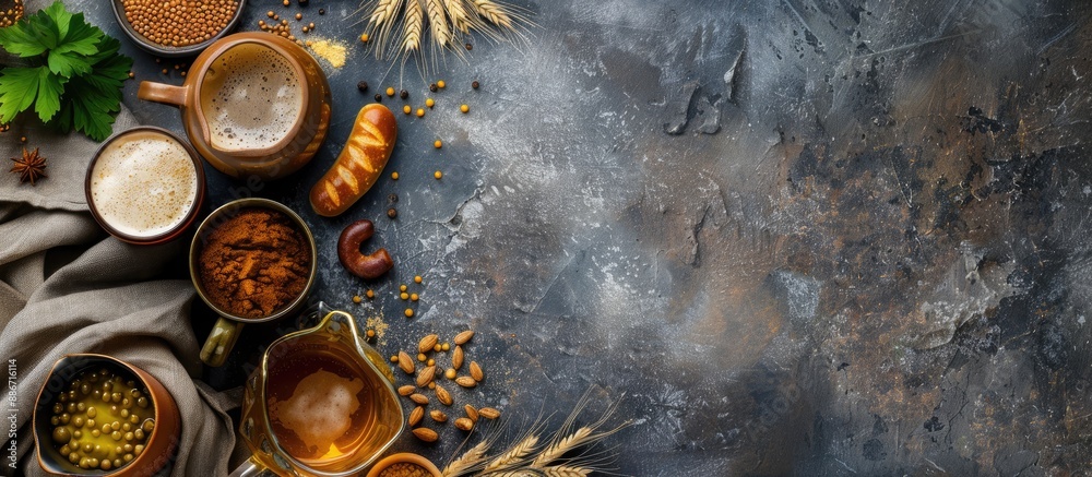Traditional German cuisine and festival food at Oktoberfest depicted with dark beer weisswurst pretzels mustard grain spikelets and hops showcased on a stone concrete background with a mug and linen Traditional German cuisine and festival food at Oktoberfest depicted with dark beer weisswurst pretzels mustard grain spikelets and hops showcased on a stone concrete background with a mug and linen