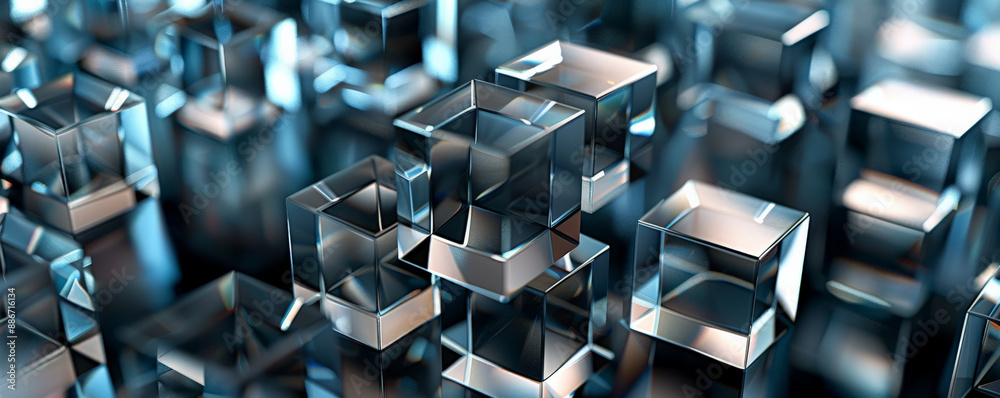 An intricate geometric pattern featuring transparent glass cubes in various sizes, arranged symmetrically on a dark background, with light reflections creating a mesmerizing effect. An intricate geometric pattern featuring transparent glass cubes in various sizes, arranged symmetrically on a dark background, with light reflections creating a mesmerizing effect.