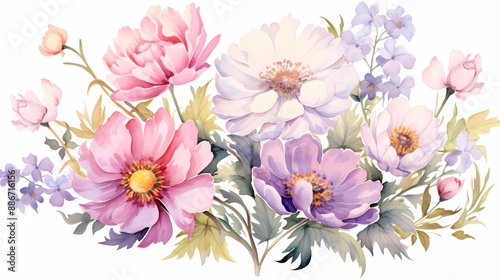 Fototapeta Naklejka Na Ścianę i Meble -  Elegant watercolor flowers perfect for greeting cards, invitations, and home decor prints.