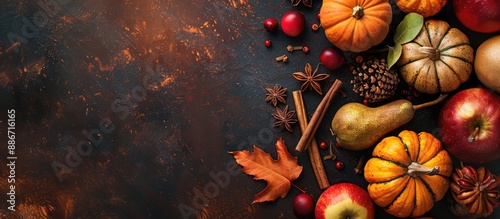 Fototapeta Naklejka Na Ścianę i Meble -  Autumn themed fruits like apples pumpkins pears spices and decorative items are displayed in a cozy setting with copy space image