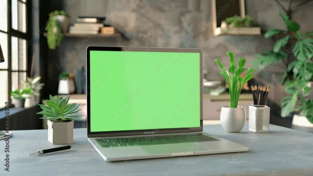 green screen laptop on the table. cinematography style. green screen laptop on the table. cinematography style.