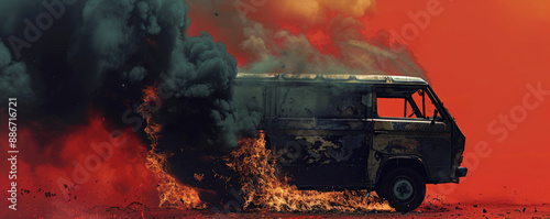 A burning van engulfed in flames with thick black smoke billowing out, isolated on a bright red