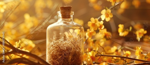 Expensive bird s nest in glass bottle with no label on brown background with yellow flowers Ideal mockup scene to showcase health product with copy space image photo