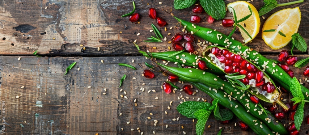 Naklejka premium Healthy vegan vegetarian food concept with a baked green bean garnished with sesame seeds pomegranate mint and lemon on a rustic wooden background with copy space image