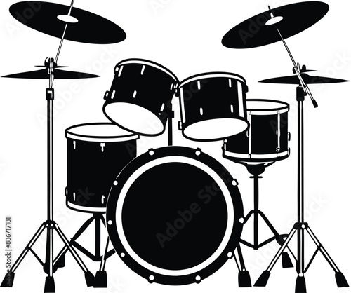 Black white drum set silhouette vector Style illustration. Generative AI