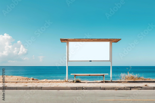 A blank billboard at a bus stop on the side of the road with a blue sea and blue sky, Generative AI photo