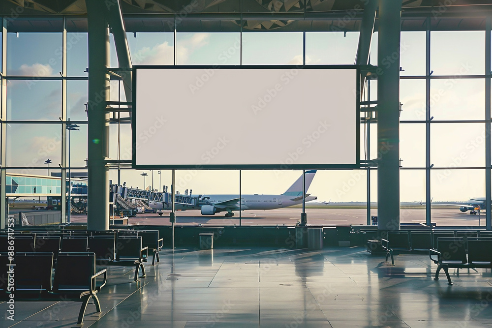 Blank billboard, blank information board in airport waiting area with large windows, Generative AI Blank billboard, blank information board in airport waiting area with large windows, Generative AI