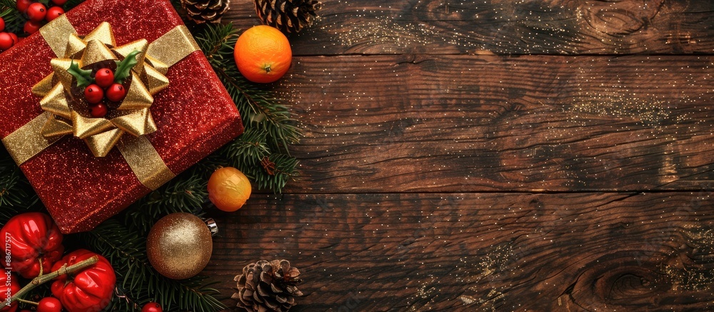 Wooden background with a red glitter gift box shape gold bow pine cone and fruit spray creating a festive display with room for text in the image. Copy space image. Place for adding text and design Wooden background with a red glitter gift box shape gold bow pine cone and fruit spray creating a festive display with room for text in the image. Copy space image. Place for adding text and design