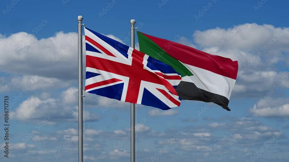Sudan and United Kingdom flags flying together, video concept of the relationship, two country cooperation concept