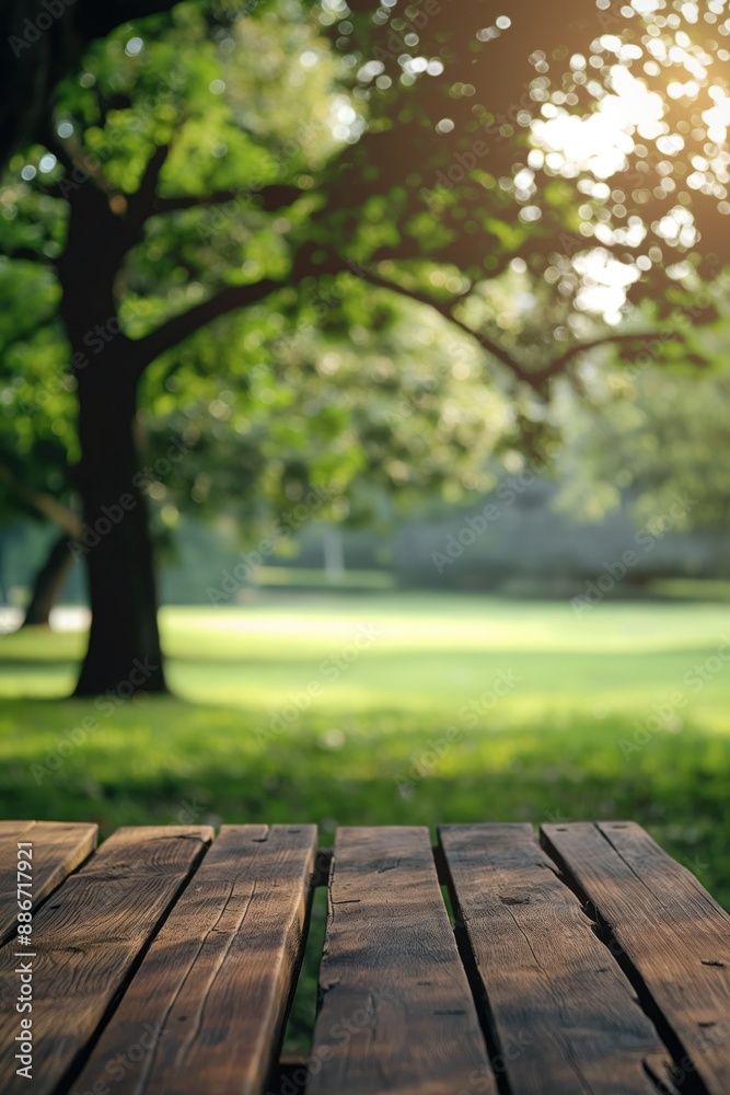 Wooden picnic table in park with greenery and trees. Rustic charm outdoor setting. Perfect for product display or background image. Nature scenery for advertising, marketing, or editorial use. Wooden picnic table in park with greenery and trees. Rustic charm outdoor setting. Perfect for product display or background image. Nature scenery for advertising, marketing, or editorial use.