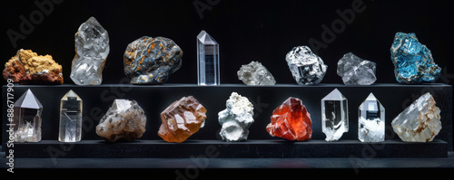 A rare earth mineral display set against a black background, highlighting the bright, reflective surfaces of elements like ytterbium and scandium. The contrast emphasizes their unique properties.