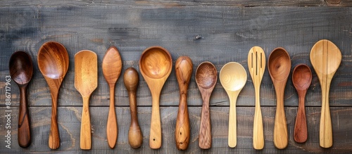 Wooden spoons arranged on a kitchen table with copy space image