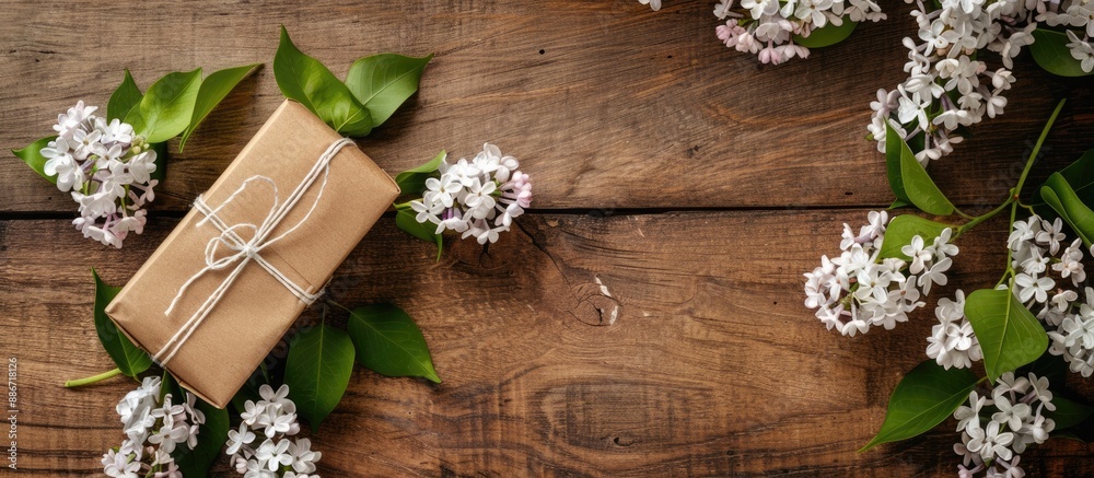 Studio shot of a white lilac branch with a surprise box in festive wrapping on a wooden background with ample copy space image Studio shot of a white lilac branch with a surprise box in festive wrapping on a wooden background with ample copy space image