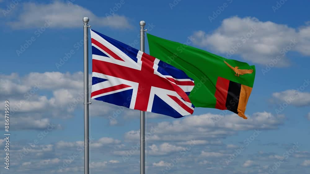 Zambia and United Kingdom flags flying together, video concept of the relationship, two country cooperation concept Zambia and United Kingdom flags flying together, video concept of the relationship, two country cooperation concept
