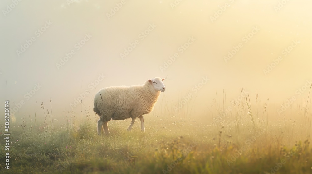Fototapeta premium Majestic White Sheep in Misty Morning Landscape.