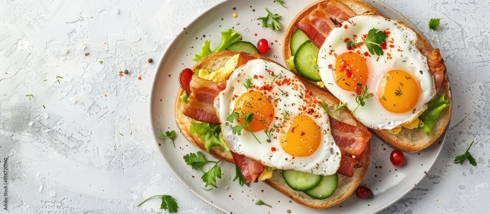 Top view of open sandwiches featuring fried eggs bacon and fresh veggies on a plate against a light stone backdrop perfect for a copy space image Top view of open sandwiches featuring fried eggs bacon and fresh veggies on a plate against a light stone backdrop perfect for a copy space image