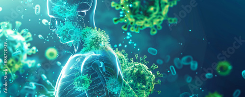 A detailed and visually striking image of the human immune system, focusing on the white blood cells and antibodies. Use a transparent upper torso outline with semi-transparent blue and green
