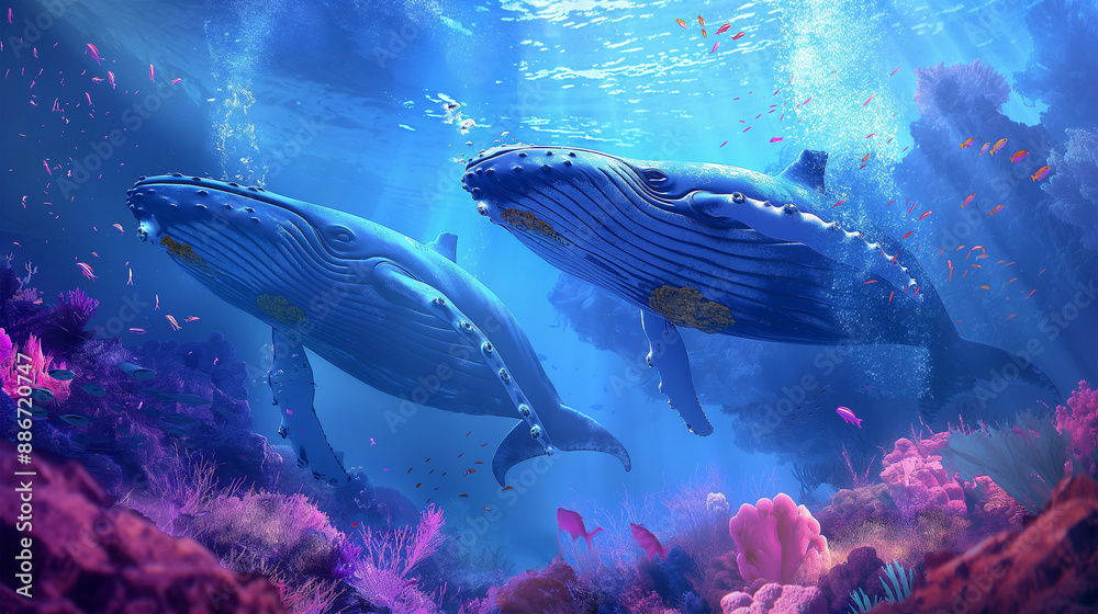 Obraz premium A​ couple of ​humpback on the underwater isolation, Illustration