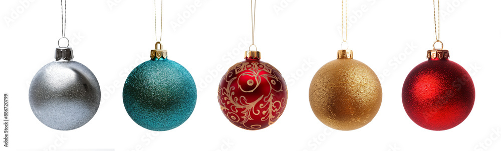 Collection set of five silver, blue, golden and red Christmas balls hanging with a string, Christmas shiny baubles ornaments isolated on transparent background, png file