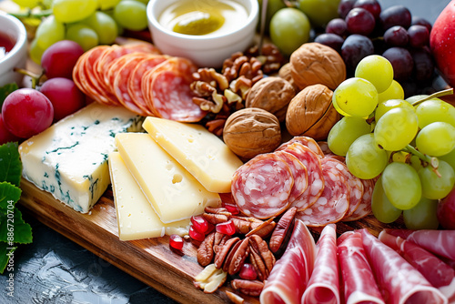 Gourmet fancy charcuterie board with assorted cured meat slices and salami cuts, assortment of yummy food with cheese bites, nuts and fruits, antipasti and tapas snack party background photo