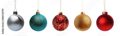 Obraz na płótnie Collection set of five silver, blue, golden and red Christmas balls hanging with a string, Christmas shiny baubles ornaments isolated on transparent background, png file w salonie