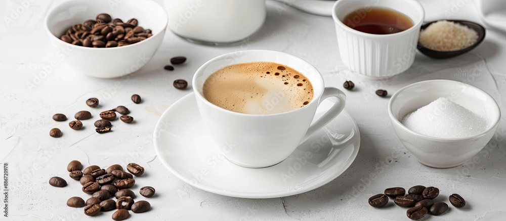 Coffee concept with a variety of elements like a hot espresso served with milk coffee beans sugar placed on a white surface for a copy space image Coffee concept with a variety of elements like a hot espresso served with milk coffee beans sugar placed on a white surface for a copy space image