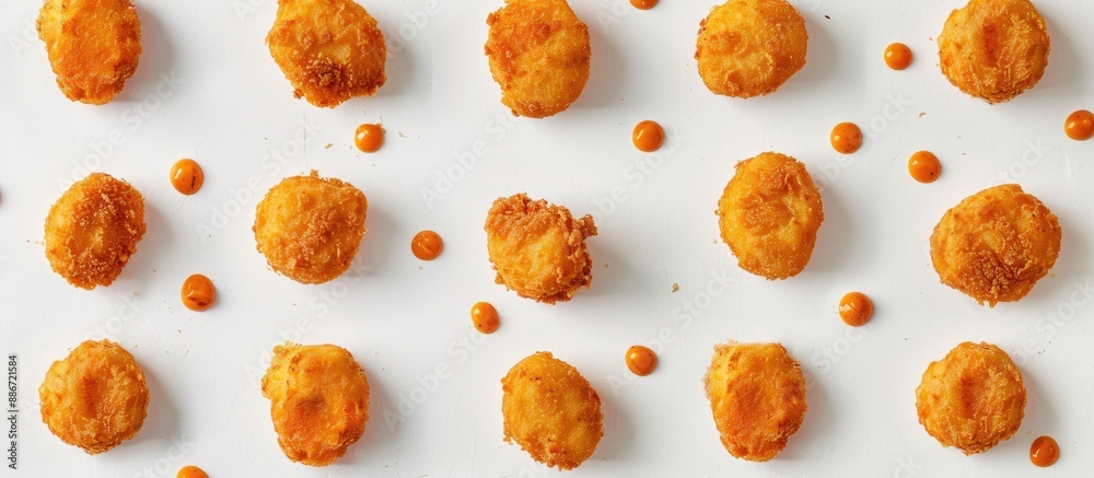 Chicken nuggets arranged elegantly on a white backdrop with space for text and image insertion. Copy space image. Place for adding text and design Chicken nuggets arranged elegantly on a white backdrop with space for text and image insertion. Copy space image. Place for adding text and design