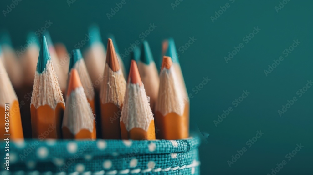 An artistic arrangement of colorful pencils placed in a dotted fabric holder, beautifully captured to display the vibrant tips and the neat organization ideal for creative work. An artistic arrangement of colorful pencils placed in a dotted fabric holder, beautifully captured to display the vibrant tips and the neat organization ideal for creative work.